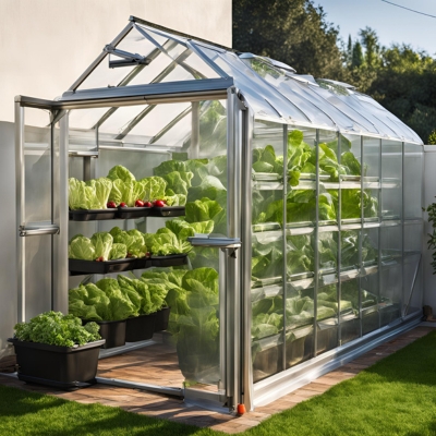 AI-generated prototype image of a modern greenhouse featuring clear panels and vibrant rows of lettuce, showcasing an innovative design for urban gardening.