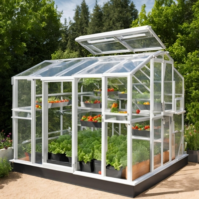 AI-generated prototype image of a compact greenhouse with white framing, featuring clear panels and shelves of vibrant vegetables and greenery, ideal for efficient small-space gardening.