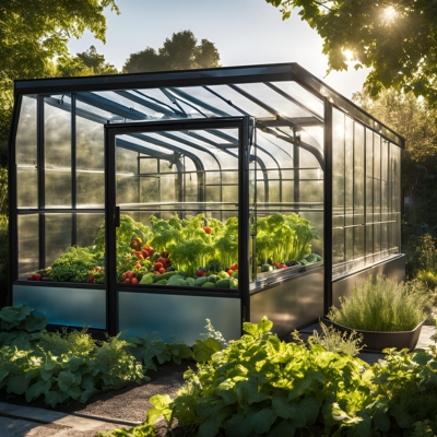 AI-generated prototype image of a sleek modern greenhouse with black framing and clear panels, showcasing lush vegetables and herbs, set against a serene outdoor backdrop.