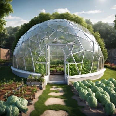 AI-generated prototype image of a geodesic dome greenhouse with clear panels, surrounded by rows of thriving crops, blending innovative design with sustainable gardening practices.