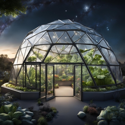 AI-generated prototype image of a geodesic dome greenhouse illuminated under a starry night sky, showcasing lush greenery and innovative design for sustainable gardening.