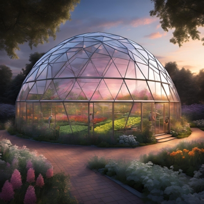 AI-generated prototype image of a geodesic dome greenhouse glowing softly at sunset, surrounded by colorful flowers and showcasing a vibrant, sustainable gardening space.