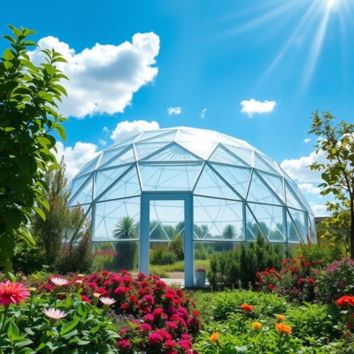 AI-generated prototype image of a geodesic dome greenhouse under a bright blue sky, surrounded by vibrant flowers and lush greenery, symbolizing sustainable and colorful gardening.