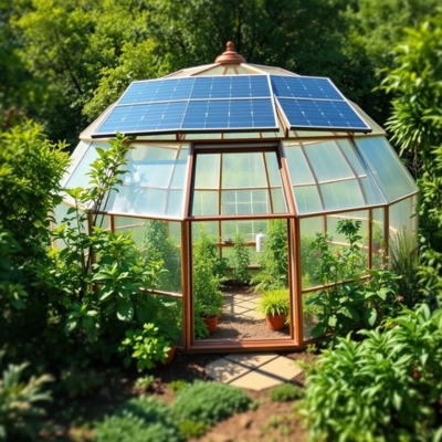 AI-generated prototype image of a solar-powered dome greenhouse with wooden framing, surrounded by lush vegetation and showcasing sustainable energy solutions for gardening.