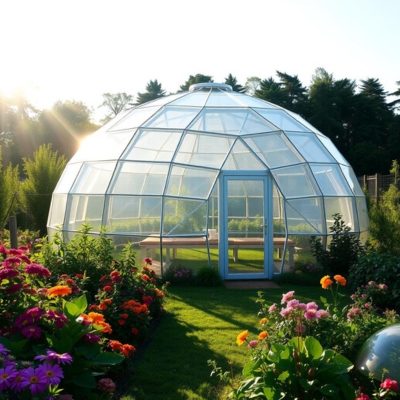 AI-generated prototype image of a dome greenhouse with translucent panels, surrounded by colorful flowers and lush greenery, showcasing a sustainable gardening design.