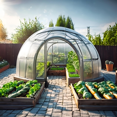 AI-generated prototype image of a dome greenhouse with translucent panels, surrounded by raised garden beds filled with vibrant vegetables, set on a stone-paved area for efficient urban gardening.