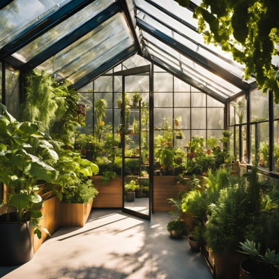 AI-generated prototype image of a modern greenhouse interior with translucent polycarbonate panels, lush greenery, and an abundance of thriving plants arranged on tiered shelves and planters.