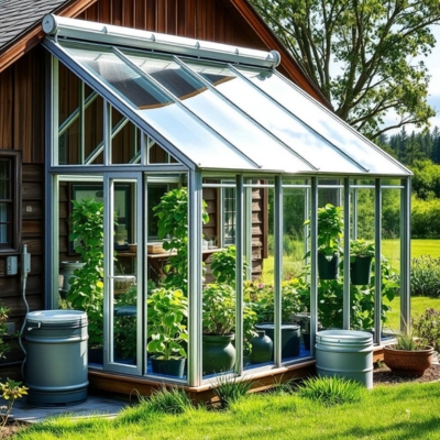 AI-generated prototype image of a lean-to greenhouse with clear panels and sturdy framing, attached to a wooden home, featuring thriving plants and water barrels for sustainable gardening.