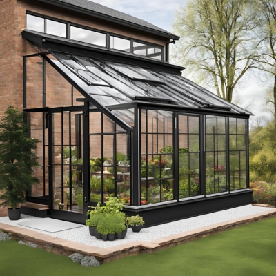 AI-generated prototype image of a sleek black-framed lean-to greenhouse attached to a brick home, featuring clear panels, tiered plants, and a modern aesthetic for efficient gardening.