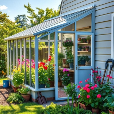 AI-generated prototype image of a light blue-framed lean-to greenhouse attached to a house, filled with colorful flowers and greenery, offering a charming and functional gardening space.