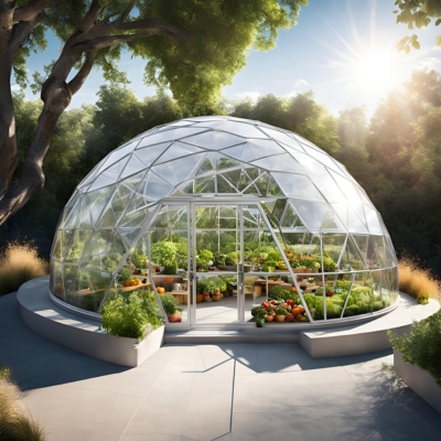 AI-generated prototype image of a geo dome greenhouse with clear panels, filled with vibrant plants and vegetables, set on a raised circular platform under bright sunlight.