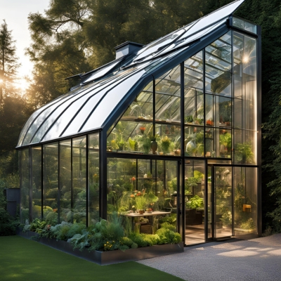 AI-generated prototype image of a spacious lean-to greenhouse with a sleek curved roof, glass panels, and lush greenery, showcasing an energy-efficient and space-saving design.