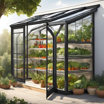 AI-generated prototype image of a compact lean-to greenhouse with black framing and multiple shelves of vibrant vegetables and plants, designed for space-saving and efficient gardening.