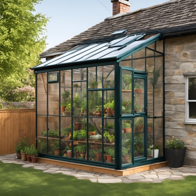 AI-generated prototype image of a compact lean-to greenhouse with dark green framing, glass panels, and neatly arranged potted plants, attached to a stone cottage for efficient gardening.