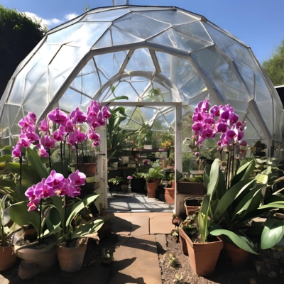 AI-generated prototype image of a geodesic dome greenhouse filled with vibrant pink orchids and lush greenery, showcasing a serene environment for growing exotic orchids.