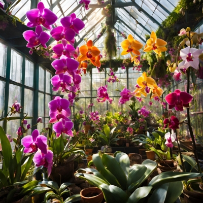 AI-generated prototype image of a greenhouse filled with vibrant orchids in shades of pink, orange, and yellow, creating a lush and colorful environment for exotic plant cultivation.