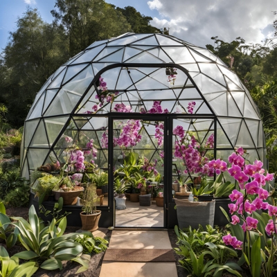 AI-generated prototype image of a geodesic dome greenhouse adorned with vibrant pink orchids and surrounded by lush tropical plants, showcasing an ideal environment for exotic orchid cultivation.