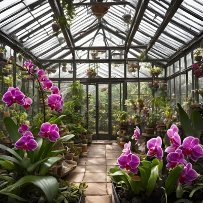 AI-generated prototype image of a greenhouse interior filled with vibrant pink orchids and an array of tropical plants, creating a lush and serene environment for orchid cultivation.