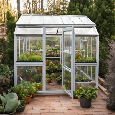 AI-generated prototype image of a compact greenhouse with white framing, filled with vibrant plants and flowers, offering an ideal setup for beginners in greenhouse gardening.