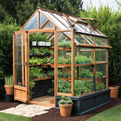 AI-generated prototype image of a small wooden greenhouse with clear panels and tiered shelves, filled with lush green plants, ideal for beginner greenhouse gardeners.