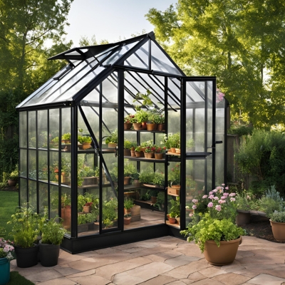 AI-generated prototype image of a modern greenhouse with black framing and frosted panels, featuring tiered shelves of potted plants and flowers, designed for efficient and beginner-friendly gardening.