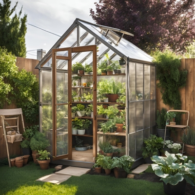 AI-generated prototype image of a compact backyard greenhouse with wooden framing and frosted panels, filled with potted plants and herbs, creating an inviting space for beginner gardeners.