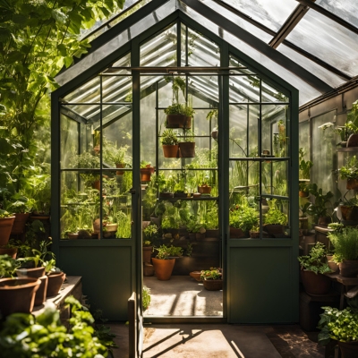 AI-generated prototype image of a greenhouse interior filled with vibrant herbs in pots and hanging planters, showcasing an ideal setup for growing a lush and thriving herb garden.