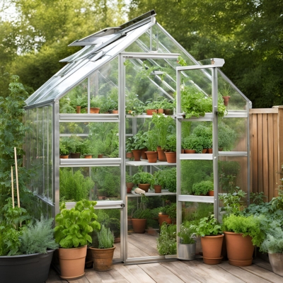 AI-generated prototype image of a compact greenhouse with clear panels, filled with neatly arranged potted herbs on tiered shelves, ideal for cultivating a thriving herb garden.