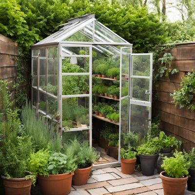 AI-generated prototype image of a small greenhouse with clear panels, surrounded by potted herbs and plants, creating a cozy and productive space for herb gardening.