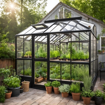 AI-generated prototype image of a medium-sized greenhouse with black framing and clear panels, surrounded by potted herbs and featuring lush greenery on raised shelves.