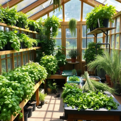 AI-generated prototype image of a greenhouse filled with thriving herbs, including basil and parsley, neatly arranged on wooden shelves and tables, showcasing a productive setup for a greenhouse herb business.