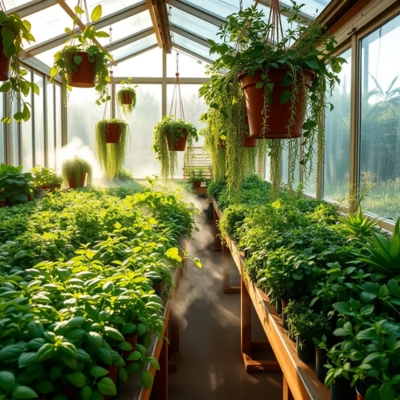 AI-generated prototype image of a greenhouse filled with vibrant herbs and hanging planters, illuminated by sunlight and misted for humidity, creating an ideal environment for a greenhouse herb business.