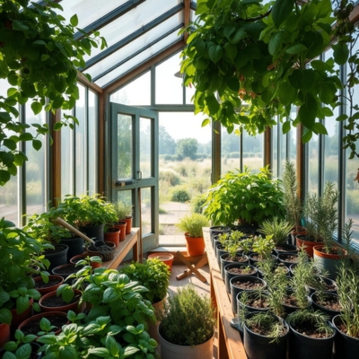 AI-generated prototype image of a greenhouse filled with potted herbs such as basil, rosemary, and mint, arranged on wooden shelves, with natural light streaming in to create an inviting space for herb cultivation.