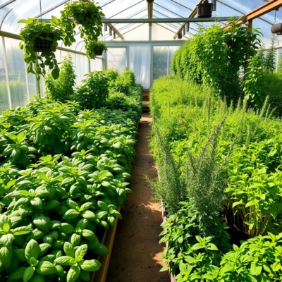 AI-generated prototype image of a greenhouse with rows of lush herbs, including basil and rosemary, alongside hanging planters and vibrant greenery, illustrating a productive herb-growing environment.