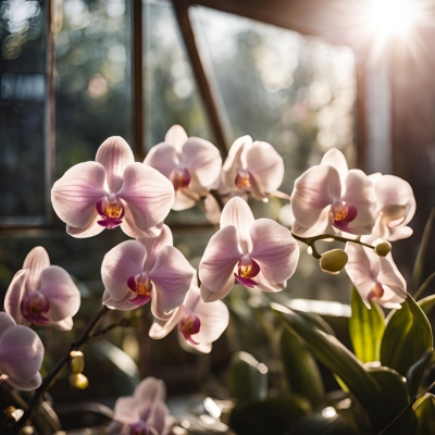 AI-generated prototype image of vibrant pink orchids in full bloom inside a greenhouse, illuminated by soft sunlight, showcasing an ideal setting for a thriving orchid business.