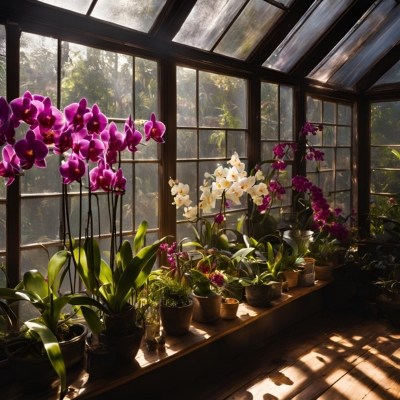 AI-generated prototype image of a greenhouse filled with colorful orchids, including vibrant purple and white blooms, arranged in pots on a wooden shelf, bathed in warm sunlight.