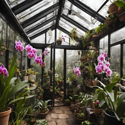 AI-generated prototype image of a lush greenhouse interior showcasing hanging and potted orchids in vibrant pink blooms, surrounded by various tropical plants and greenery, creating an exotic and serene atmosphere.