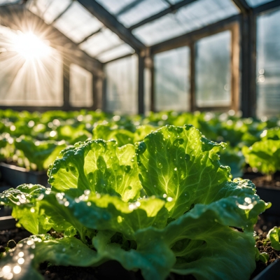 A close-up view of vibrant green lettuce plants thriving in an AI-generated greenhouse prototype. Sunlight streams through the glass panels, highlighting the fresh dew on the leaves, showcasing an ideal lettuce-growing environment.