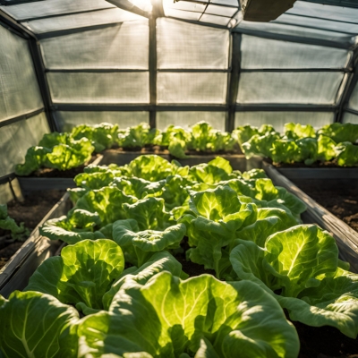 An AI-generated image of a greenhouse interior featuring lush rows of healthy lettuce plants. Sunlight filters through the semi-transparent roof, creating an optimal environment for vibrant lettuce growth in raised beds.