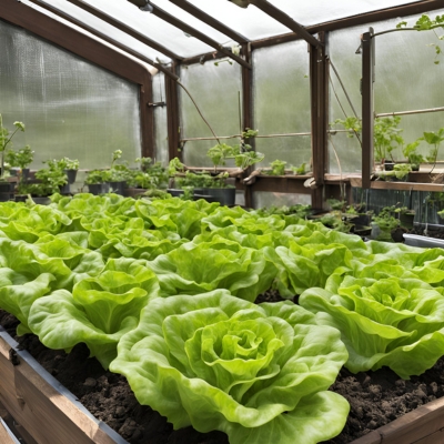 An AI-generated image showcasing vibrant, fully-grown lettuce plants thriving in a wooden raised bed inside a greenhouse. The structure features transparent walls and a well-lit, controlled environment ideal for cultivating leafy greens.