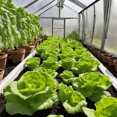 An AI-generated image displaying a greenhouse interior filled with rows of lush lettuce plants growing in rich soil, complemented by potted leafy greens along the sides. The clear walls and bright lighting create an optimal environment for cultivation.