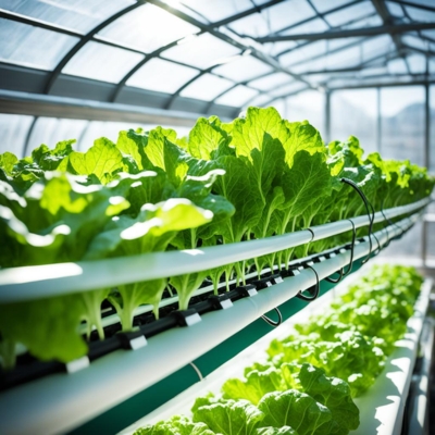 An AI-generated prototype image of hydroponic lettuce growing in a greenhouse. This innovative system features nutrient-rich water flowing through horizontal tubes, supporting rows of vibrant green lettuce under controlled lighting conditions.