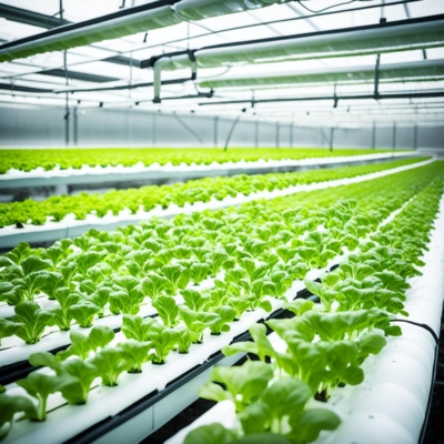 An AI-generated prototype image showcasing a large-scale hydroponic greenhouse filled with rows of fresh lettuce. The setup features white nutrient flow tubes and overhead grow lights, ensuring optimal growth conditions in a highly controlled environment.