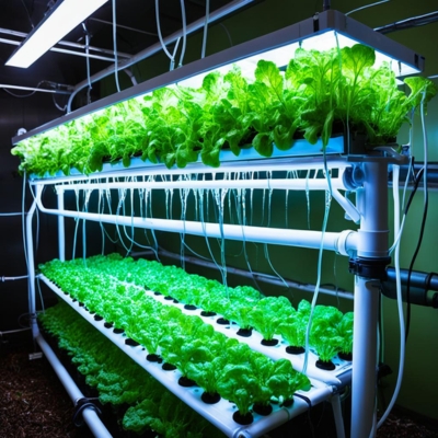 An AI-generated prototype image of an indoor hydroponic lettuce system featuring stacked growing trays illuminated by bright grow lights. The efficient setup highlights the use of nutrient delivery tubes and space-saving vertical farming techniques.