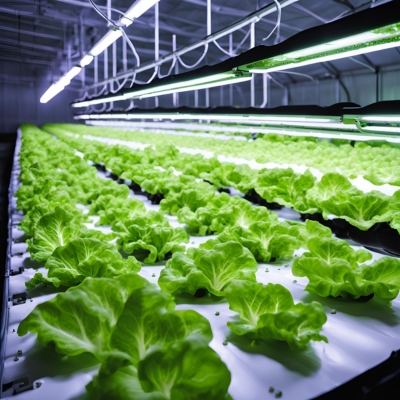 An AI-generated prototype image showcasing hydroponic lettuce rows in a modern greenhouse. The vibrant green leaves thrive under energy-efficient grow lights, highlighting a clean and controlled agricultural environment.