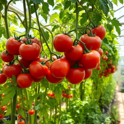 A vibrant cluster of ripe red tomatoes hanging from healthy green vines in a well-maintained lean-to greenhouse. The setup demonstrates optimal conditions for growing tomatoes, including natural light and a controlled environment.