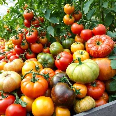 A colorful assortment of heirloom tomatoes in a lean-to greenhouse, featuring a variety of shapes, sizes, and hues including red, yellow, orange, and green. This vibrant collection showcases the diversity of tomato cultivation in an ideal greenhouse setting.