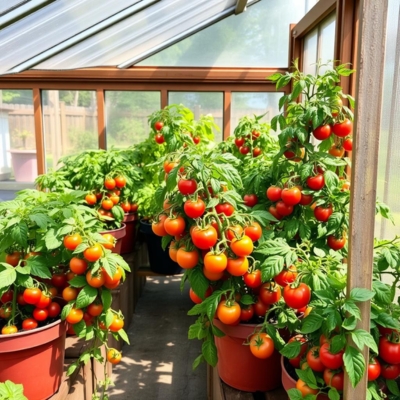 Container-grown tomato plants thriving in a lean-to greenhouse, bearing clusters of ripe red tomatoes. The plants are lush and healthy, benefiting from the controlled greenhouse environment for optimal growth.