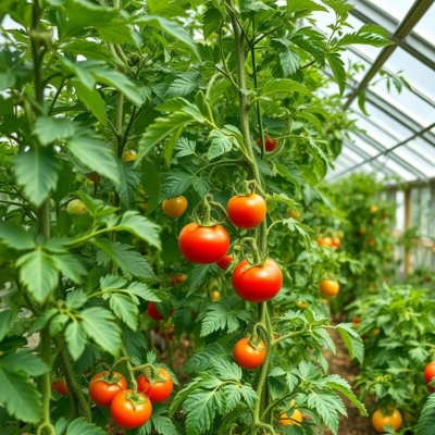 Vibrant tomato plants in a lean-to greenhouse, producing clusters of ripe and ripening red and orange tomatoes. The structured greenhouse environment ensures steady growth and protection for the plants.