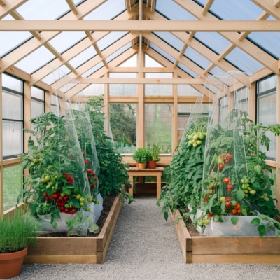 A wooden greenhouse interior showcasing vibrant tomato plants growing in raised beds. Protective netting covers the plants, ensuring a pest-free environment. Sunlight streams through the clear roof panels, creating an optimal growing atmosphere.